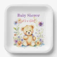 Teddy Bear in Flowers Girl's Baby Shower Paper Plates