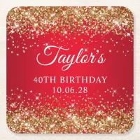 Gold Glitter Red 40th Birthday Square Paper Coaster