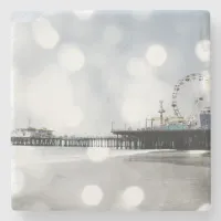 Santa Monica Pier Silver Grey Sparkles Stone Coaster