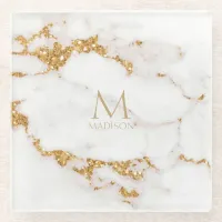 Modern Marble Glitter Monogram Gold ID816 Glass Coaster