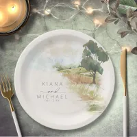 Watercolor Landscape Wedding Sage Green ID786 Paper Plates