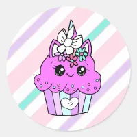 Cute Cartoon Whimsical Purple Unicorn Cupcake Classic Round Sticker