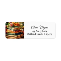 Pile of Vintage Books and Pretty Flowers Label