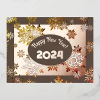 Modern happy new year, colorful snowflakes crystal foil holiday postcard