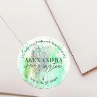 Trendy Watercolor Green Round Return Address Label