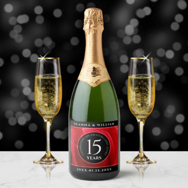 Elegant 15th Rose Wedding Anniversary Celebration Sparkling Wine Label