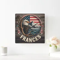 Majestic Eagle With Mountains and Flag Background Square Wall Clock