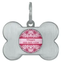 Elegant Flowery Pink and Red Damask Pet ID Tag