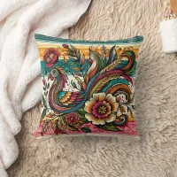 Vibrant bird and flower design in colorful swirls throw pillow