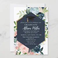 Rustic Navy Blush Floral Botanical Graduation Invitation