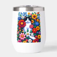 Pixel Art Cat, Kitten and Flowers Personalized Thermal Wine Tumbler