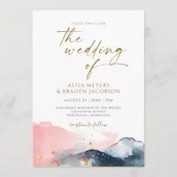 Mountain Wedding Modern Watercolor Navy Pink Gold Invitation