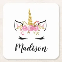 Unicorn Face With Eyelashes Personalized Name Square Paper Coaster