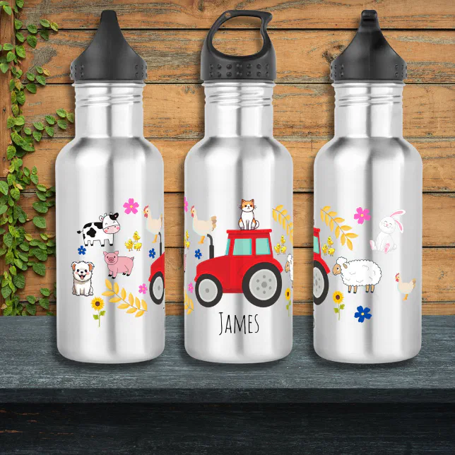 Boys Cute Farm Animal Tractor and Name Stainless Steel Water Bottle