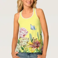 Yellow Lily, Pink and White Peonies, and Butterfly Tank Top
