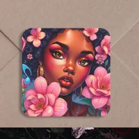 Pretty Woman of Color with Pink Flowers  Square Sticker