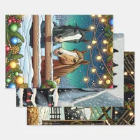 Festive Cartoon Horses in Comic Book Style Wrapping Paper Sheets