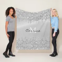 Monogram Silver Dripping Glitter Metallic Name Fleece Blanket