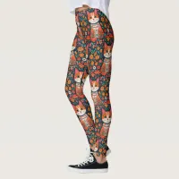 Whimsical Folk Art Cat and Flowers Leggings