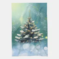 Beautiful Christmas Tree with Snow and Gold Lights Kitchen Towel