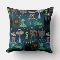 UFO Aliens Chupacabra Bigfoot Cryptids   Throw Pillow