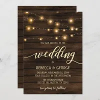 Rustic Barn Wood String lights Wedding invitations