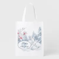 Cute White Rabbits in Snow Winter Holiday Grocery Bag