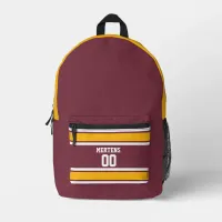 Burgundy & Gold Sports Striped Jersey Team Name Printed Backpack