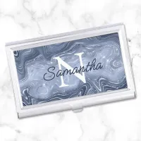 Dusty Blue Luxury Agate Glam Monogram Business Card Case