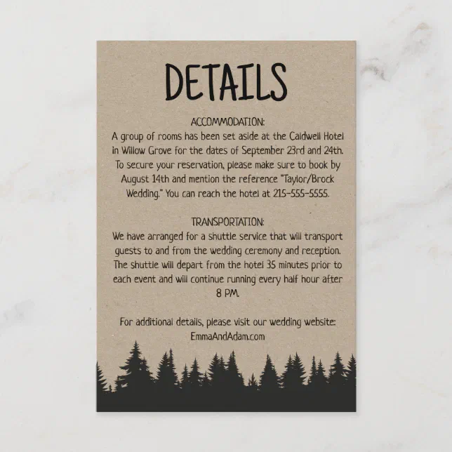 Rustic Woodsy Mountain Wedding Details Card