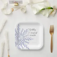 Blue Snowflake on White Winter Wedding Paper Plates