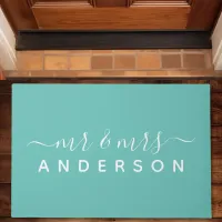 Personalized Mr. And Mrs. Teal Newlywed Couples Doormat