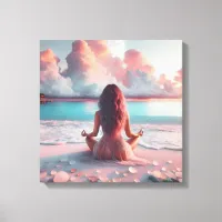 Beautiful Woman Meditating on Beach Blank Canvas Print