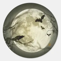 Full Moon with a Crow and Bats Classic Round Sticker