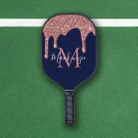 Navy Blue Rose Gold Glitter Drips Monogram Pickleball Paddle