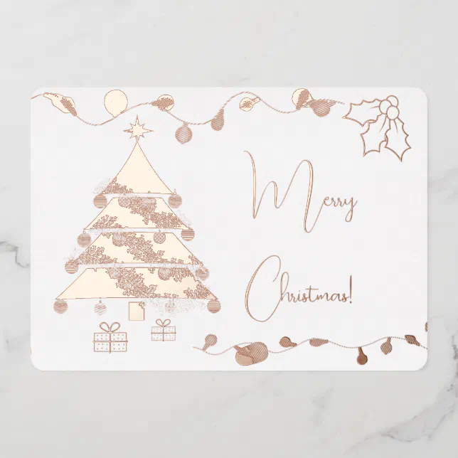 Christmas tree and ornaments in pink gold foil holiday card