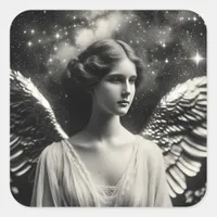 Angel Stars Black and White Square Sticker