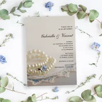 White Pearls, Diamond Ring and Blue Lace Wedding Invitation