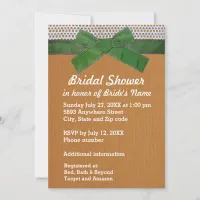 Green Ribbon, Lace, Tan Burlap Bridal Shower Inv Invitation