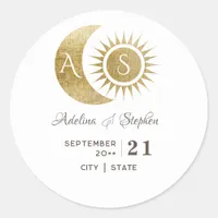 Chic Celestial White Gold Sun Moon Monogram Crest  Classic Round Sticker