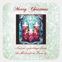 Green Glitter Christmas Stained Glass Candles Square Sticker