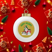 Merry Christmas Happy Holidays Santa & Snowman |  Ceramic Ball Christmas Ornament