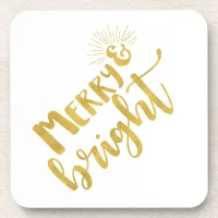 Holiday Merry and Bright Faux Gold Typography Beverage Coaster