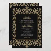 Vintage Black Gold Princess Tiara Quinceañera  Invitation