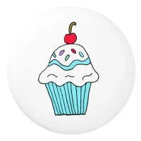 Whimsical Blue  Cupcake with Cherry on Top Ceramic Knob