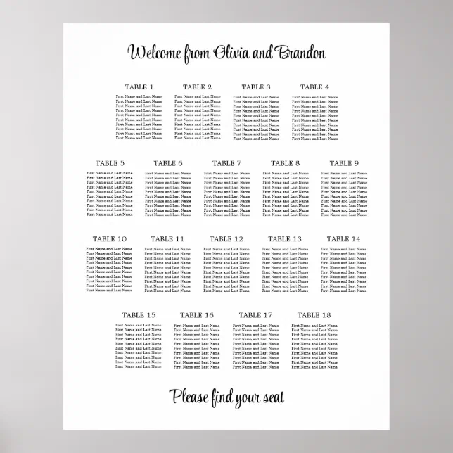 Stylish 18 Table Wedding Seating Chart Poster