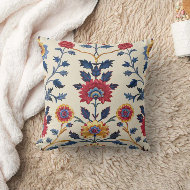Antique Colorful Indian Floral Motif Pattern Throw Pillow