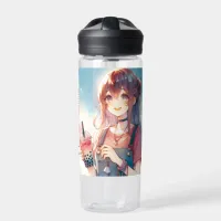 Cute Anime Girl Holding a Boba Tea Water Bottle