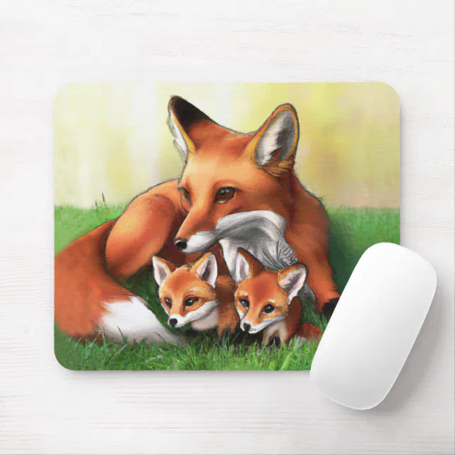 Red Fox Mother and Kits in the Grass Mouse Pad