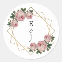 Elegant Gold Glitter Geometric Pink Floral Wedding Classic Round Sticker